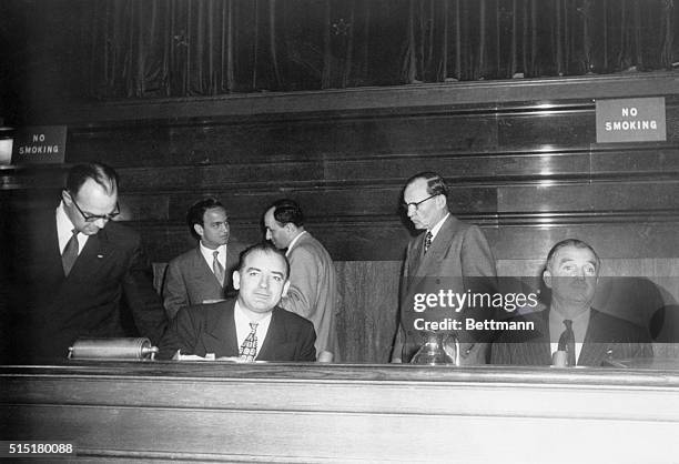 Washington, DC: Senators Joseph McCarthy and Charl Potter, and Stuart Symington, during House Un-American Activities Committee. 1950's photograph.