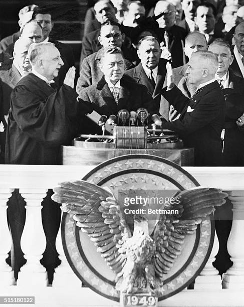 Chief Justice Fred Vinson swears in Harry Truman for his second term as President, on January 21, 1949.