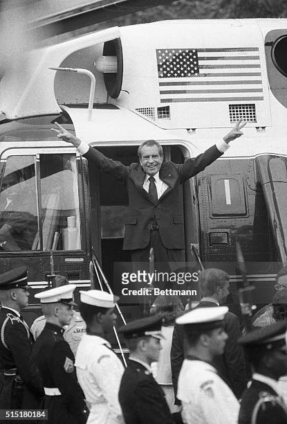 President Nixon gives his famous wave from the steps of Marine One after his resignation as President of the United States.