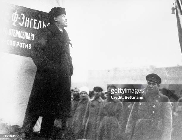 Vladimir Lenin addresses a crowd during the unveiling of the monument to Karl Marx in Moscow.