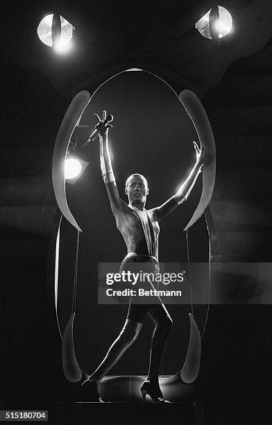 Jamaican fashion model and Disco singer Grace Jones performs at the nightclub Studio 54 on New Year's Eve, New York, New York, December 31, 1977. An...