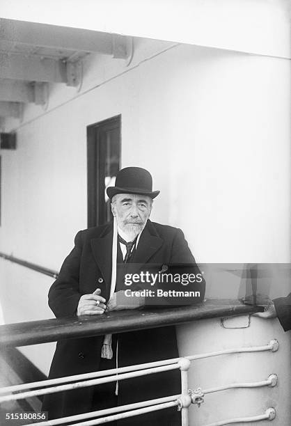 Joseph Conrad, noted author of sea stories and adventures, is shown on the S. S. Tuscania arriving in New York. BPA 2