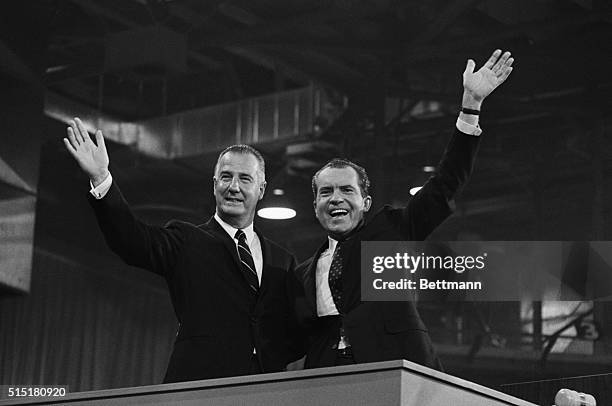 Miami, FL: Gov. Spiro Agnew of Maryland and Richard M. Nixon, vice-presidential and presidential candidates, respectively, of the Republican party,...