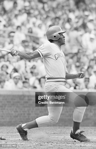 Chicago, IL - Cincinnati Reds Ken Griffey hitting a single in the Cubs-Reds game. Photograph by Bruno Torres.