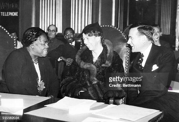 First Lady Eleanor Roosevelt with Aubrey Williams, Executive Director of the National Youth Administration, and Mrs. Mary Bethune, NYA Director of...