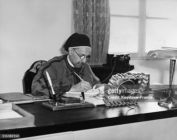 King Idris of Libya at works on his study in Libya in 1953.