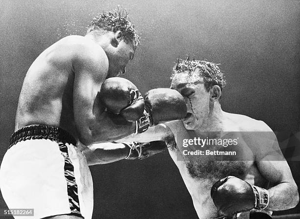 Chicago, IL- Sugar Ray Robinson comes up with a right to the nose of Carmen Basilio in their middleweight title bout tonight in Chicago Stadium that...