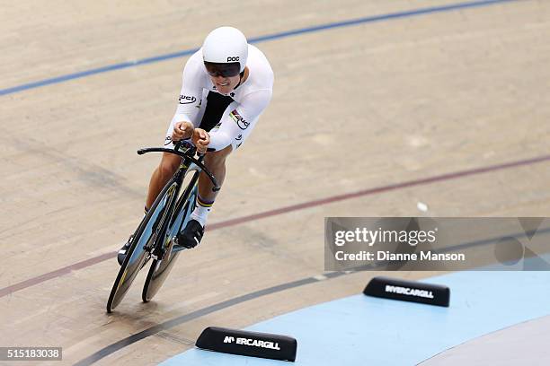 Campbell Stewart of West Coast North Island wears his UCI rainbow jersey in the Junior U19 Men Omnium 500m Time Trial during the New Zealand Age...