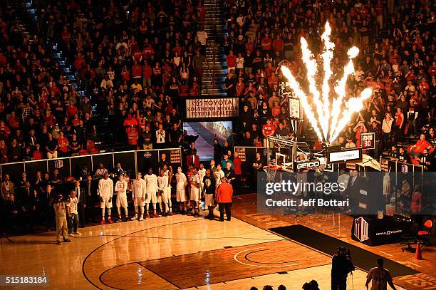 General view shows the court during player introductions for the championship game of the Mountain West Conference basketball tournament between the...