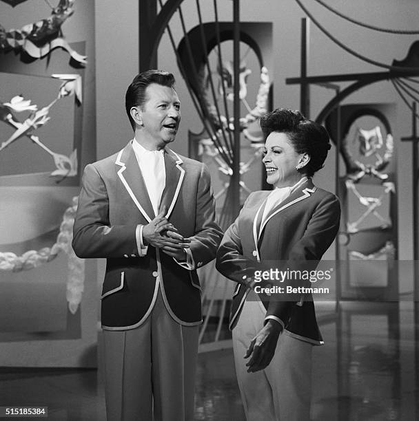 Hollywood, CA- Donald O'Connor and Judy Garland rehearse for premiere production of "The Judy Garland Show," which will mark their first TV...
