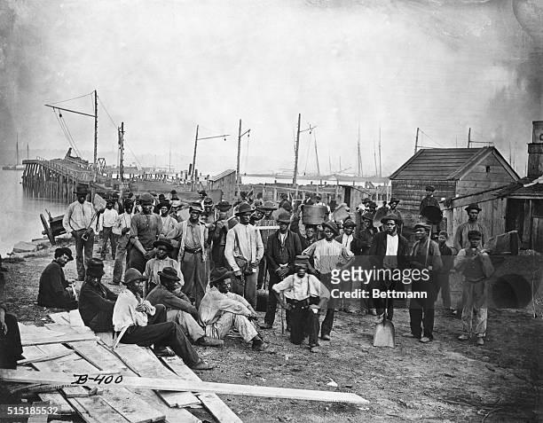 Group of freed African American slaves along a wharf during the United States Civil War.