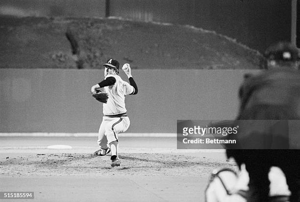 Kansas City, MO- Angels' Nolan Ryan aims for the plate, as he pitches in the 9th inning on his way to a no-hitter against Kansas City. Ryan struck...