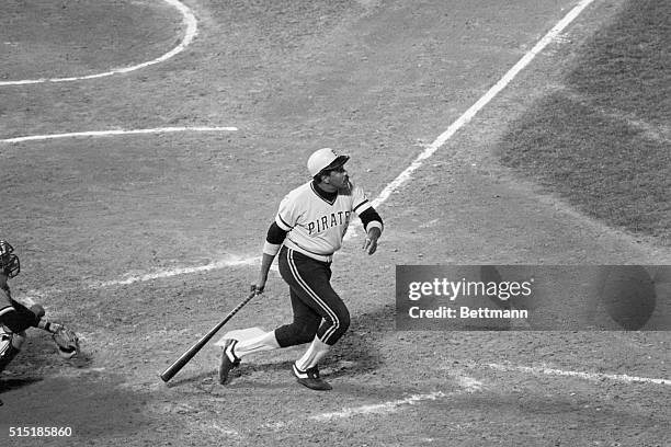 Baltimore, MD- Pirate slugger Willie Stargell watches his two-run homer soar in the 6th inning against the Baltimore Orioles 10/17. The homer...