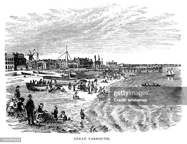 great yarmouth beach - victorian engraving - crowded beach stock illustrations