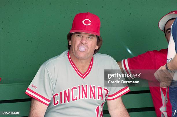 Clearwater, FL- Reds' manager Pete Rose blows a less than major league bubble as he looks out of the dugout prior to the Reds game against the...