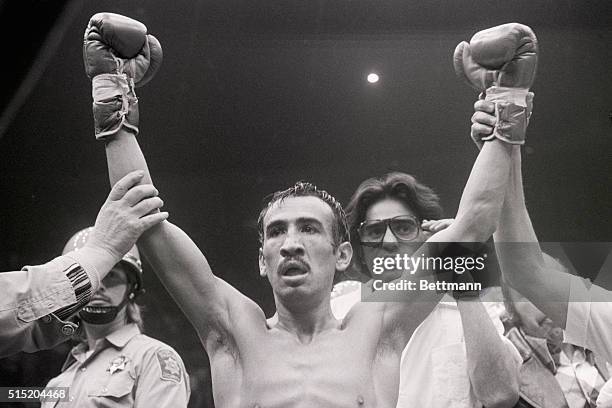 Inglewood, CA- Carlos Zarate is shown with his hands being held in victory in the ring after his bantamweight bout with Alberto Davila. Zarate...