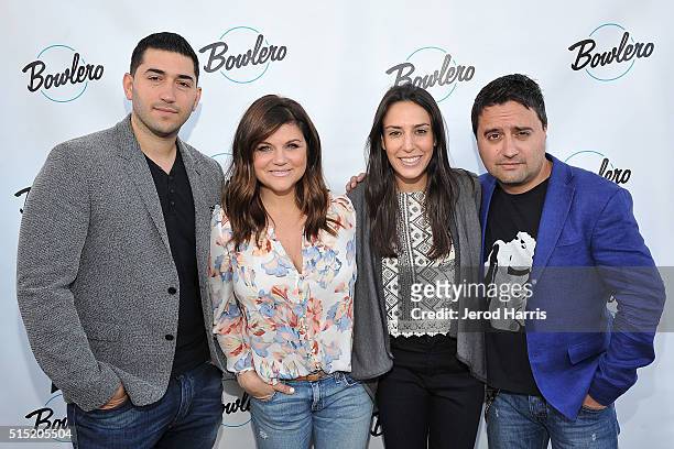 District Manager at Bowlmor AMF Nick Scaccio, Actress Tiffani Thiessen, VP of Marketing at Bowlmor AMF Colie Edison and VP of Concept Development at...