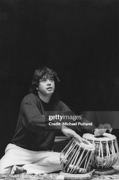 Indian tabla player and composer Zakir Hussain performing in London, 1991.