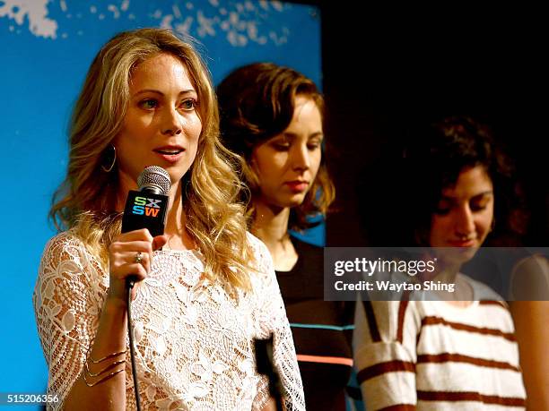 Actors Paten Hughes, Helen Rogers, and Layla Khoshnoudi speak onstage during the premiere of "Long Nights Short Mornings" during the 2016 SXSW Music,...