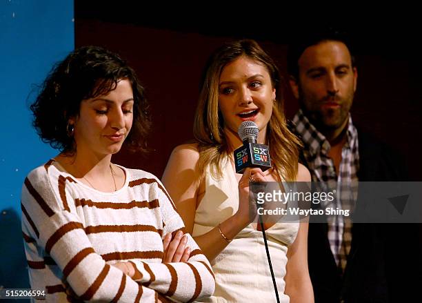 Actors Layla Khoshnoudi, Christine Evangelista, and Louis Balletta speak onstage during the premiere of "Long Nights Short Mornings" during the 2016...
