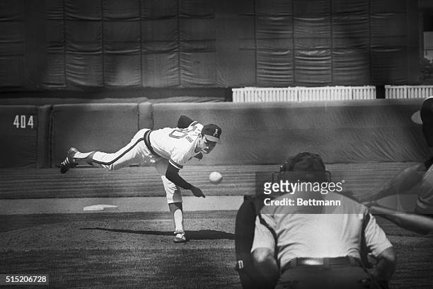 Anaheim, CA- California Angels' Nolan Ryan works from the mound during ninth inning action here 6/1 where he threw the fourth no-hitter of his...