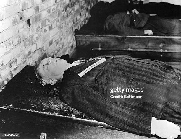 The body of Joachim Von Ribbentrop, champagne salesman who became Hitler's foreign minister, is shown here after removed from the gallows, where he...