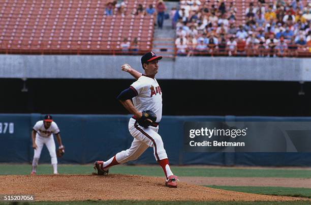 Anaheim, CA.: The California Angels pitcher Tommy John pitching during a game against the Toronto Blue Jays at the Anaheim Stadium in California.