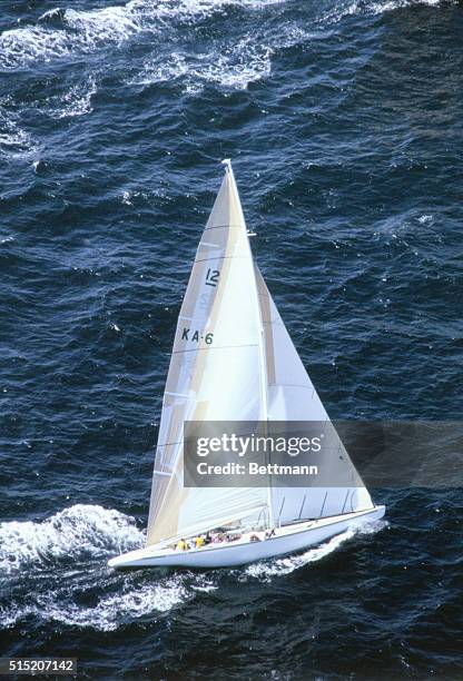 Aerial view of the Australian entry in tot he America's Cup Yachting Race off the coast of Newport, Rhode Island. The yacht is the Australia 11 with...
