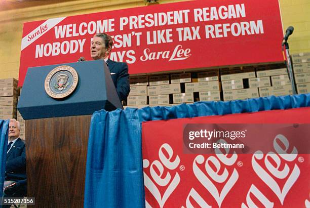 President Reagan speaks at Sara Lee Kitchens near Chicago during tax reform visit.