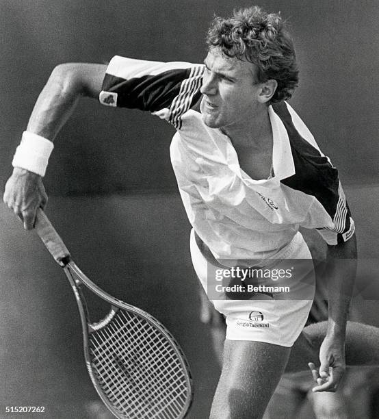 New York, NY: Sweden's third-seeded Mats Wilander follows through on a serve during his win 6-3, 7-5, 6-3 over unseeded Bruce Foxworth.