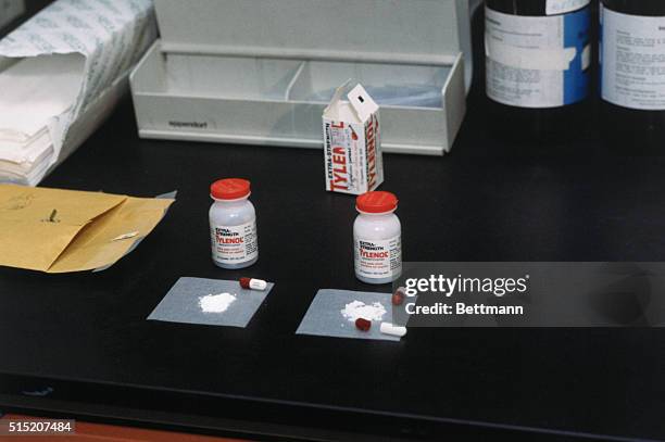 Tainted Tylenol capsules, laced with cyanide, lay at right beside the pure capsules, in the medical examiner's office in Cook County, Illinois.