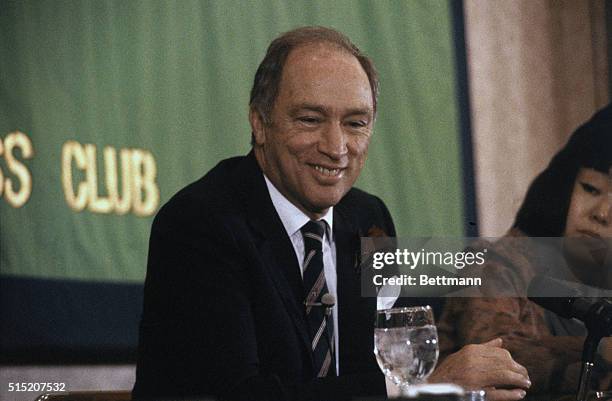 Trudeau Trip to Japan. Tokyo, Japan: Canadian prime minister Pierre Trudeau smiles as he listens to a question from Japanese newsman during a news...