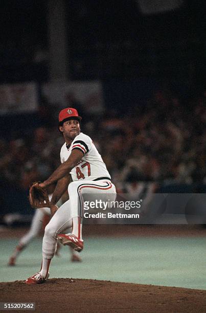 St. Louis, Missouri: St. Louis Cardinals baseball player Joaquin Andujar pitching action during World Series vs. Milwaukee Brewers game. The...