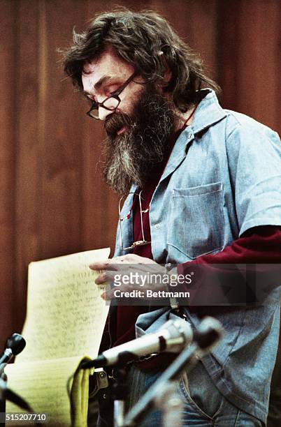 Charles Manson reads a statement at his parole hearing in San Quentin. He was turned down for parole for the 6th time.