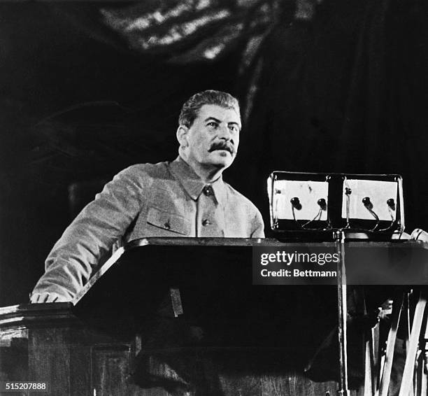 Dictator of Soviet Russia, Joseph Stalin, addresses voters, of the Stalin election district in Moscow, on the even of the election in which Russians...