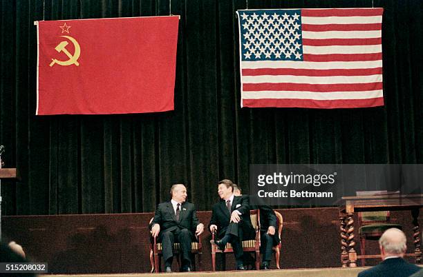 At center stage, both at the International Press Center and in the world scheme of things, Soviet leader Mikhail Gorbachev and U.S. President Ronald...