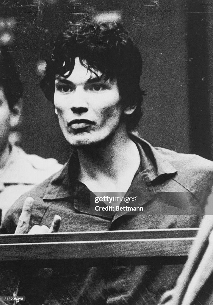 Murder Suspect Richard Ramirez Gesturing in Court