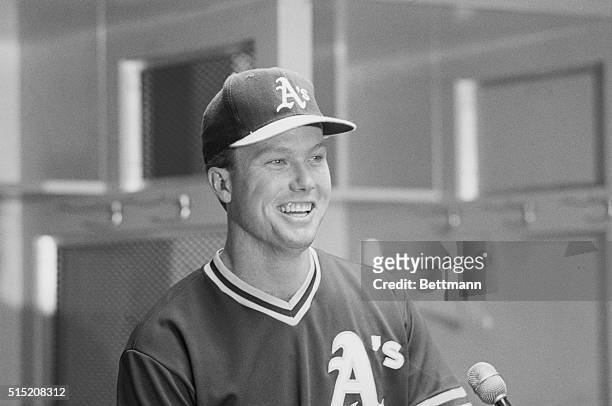 Bronx, New York, New York: Oakland Athletics rookie slugger Mark McGwire smiles during press conference prior to tonight's New York Yankees-Oakland...