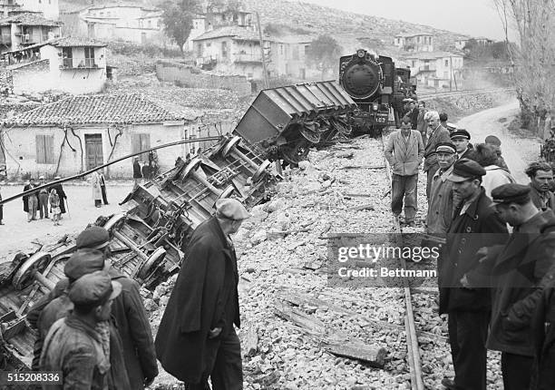Tripolis, Greece: Suspected Sabotage In Greece. Security train lies on its side after derailment believed the work of saboteurs. It preceded a train...