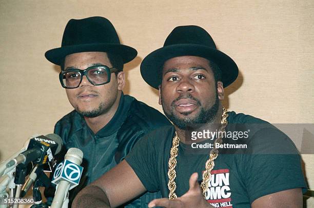 Los Angeles, California: Darryl McDaniels and Jason Mizell, members of the "rap" band Run D.M.C. Meet with the media to talk about the 8/17 concert...