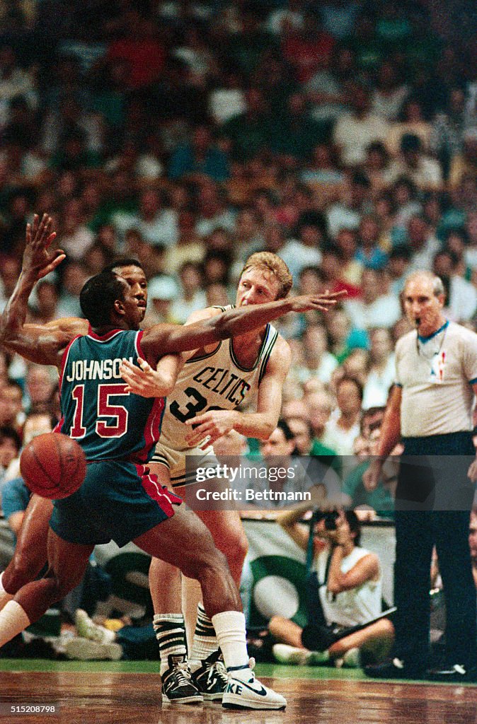 Larry Bird in Playoff Action Against the Detroit Pistons