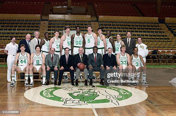 Boston Celtics' team picture taken 4/13, Front row : Danny Ainge, Scott Wedman, Alan Cohen, Vive Chairman of the Board, Jan Volk, General Manager Red...