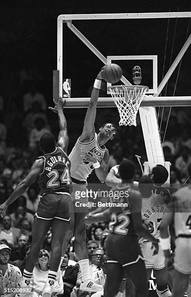 Inglewood, CA- Los Angeles Lakers', Kareem Abdul-Jabbar, dunks 2 of his 34 points during the game. The Lakers went on to win 116-113 for a 3-2...