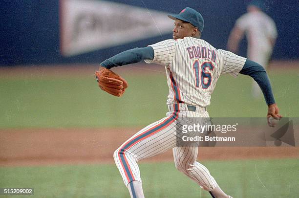 New York: Making his first start in the majors for the 1987 season, Mets' star pitcher Dwight Gooden unleashes his high, hard one during the game...