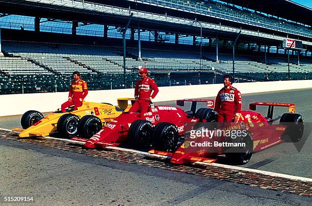 The 1987 Indianapolis 500 front row starters Rick Mears, Bobby Rahal, and Mario Andretti are seen here.