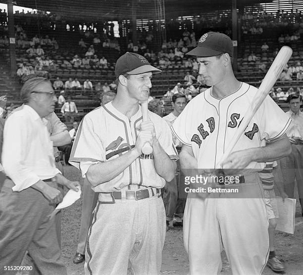 The best hitters in the Majors during this time, Stan Musial of the Cards, , and Ted Williams of the Red Sox talk over the respective League's...
