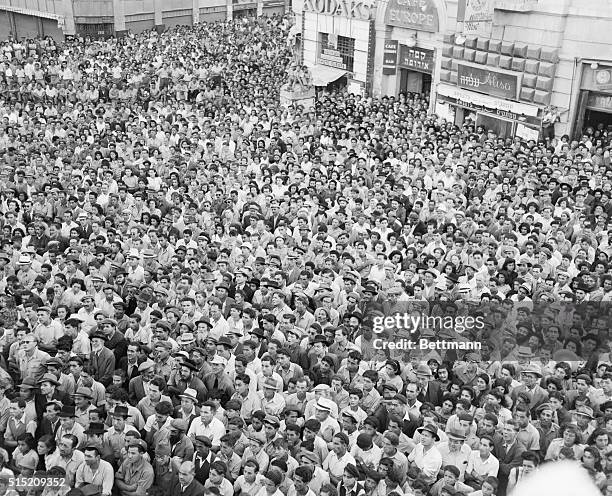 Crowd gathers in Zion Square to hear an address by Menachem Beigin, one-time underground leader of the Irgun Zvai Leumi. Beigin, making his first...