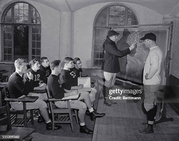 Head coach, Dinny Myers of the East's football sensation, the Boston eleven, is shown before the blackboard working out attack details for the game...