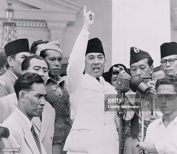 Indonesian President Achmad Sukarno, shown here speaking to a crowd in September of 1950, was reported trying to calm thousands of angry...