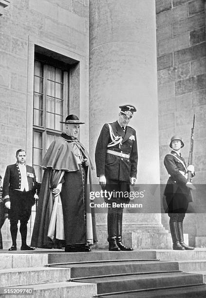 Minsignor Cesare Orsenigo, Papal Nunicio to Germany and Doyen of the Diplomatic corps in Berlin, is shown with Chief of Protocol Von Dornberg at the...